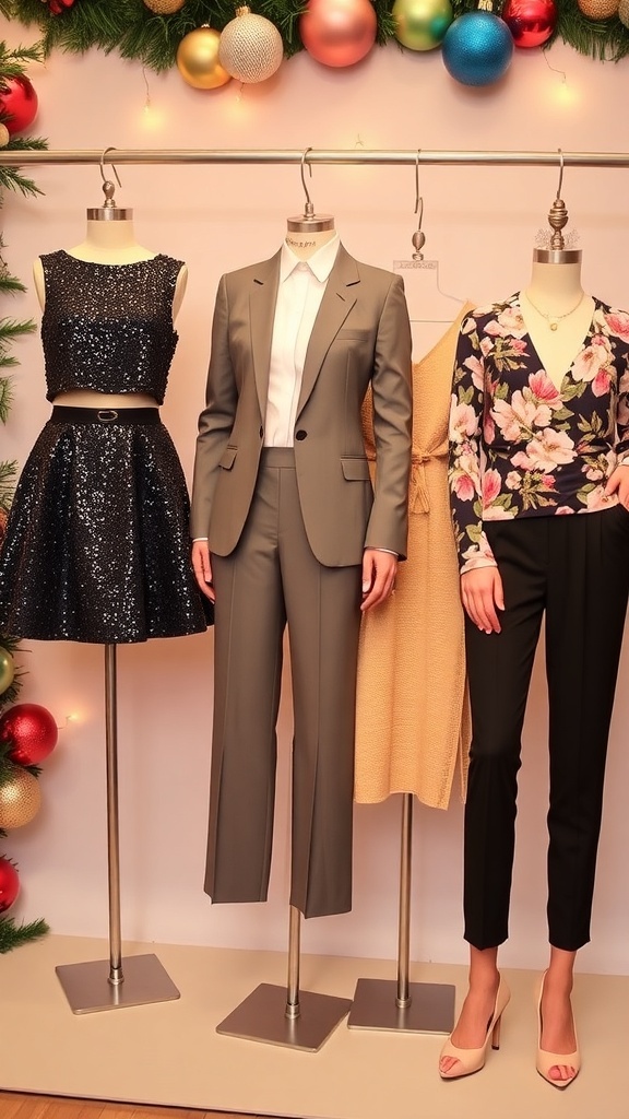 Stylish two-piece outfits for Christmas parties displayed with festive accessories.